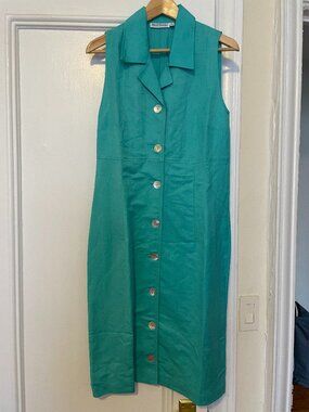 Aqua Linen Collared Sheath Dress with Shell Buttons